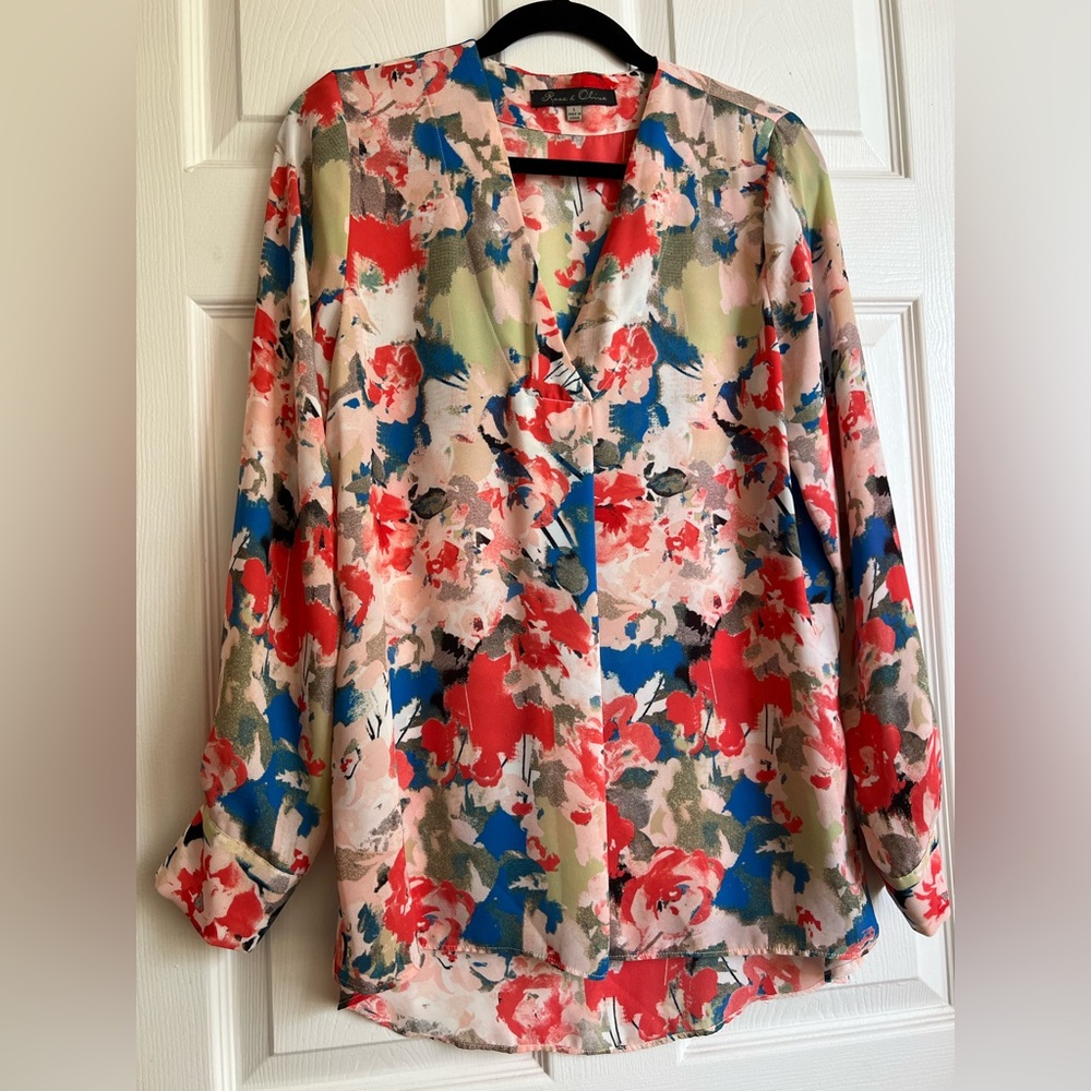 Rose & Olive Floral V-Neck Button Front Blouse in Red, Blue, Green, Pink - Picture 8 of 8